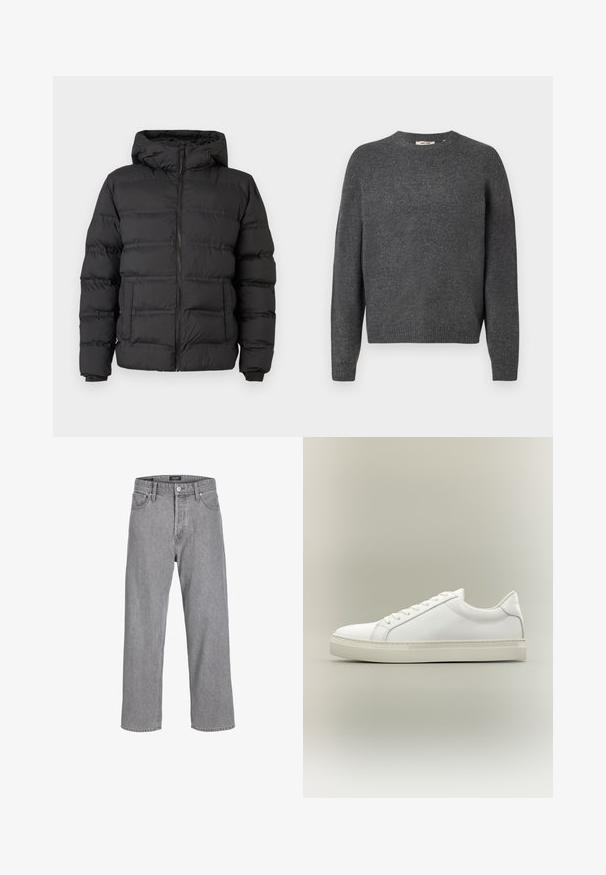 Doudoune noire avec fermeture éclair à l'avant, capuche ajustée et sections cousues pour l'isolation. Texture douce et lisse, avec un design structuré.; Pull gris foncé en tricot doux, avec un col rond, des manches longues et des bords côtes au niveau de l'ourlet et des poignets. Design uni, sans motifs.; Pantalon en denim gris avec une coupe décontractée et ample. Il présente un design traditionnel à cinq poches et une fermeture à bouton à la taille.; Baskets blanches basses à lacets sur l’avant et semelle épaisse, vues de côté sur un fond neutre.