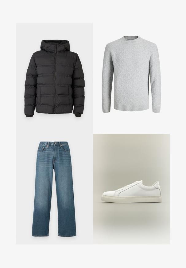 Sort pufferjakke med lynlås foran, tætsiddende hætte og syede sektioner til isolering. Blød, glat tekstur og en struktureret design.; Lysegrå hjemmestrikket sweater med diamantmønster, ribstrikket rund halsudskæring, manchetter og kant, lange ærmer, velegnet til koldt vejr.; Bredde ben mørkeblå denim jeans med knaplukning, bæltestropper og en falmet struktur. Har fem lommer og kontrastsyninger.; Hvid lavtop sneaker med snørebånd foran og tyk sål, vist fra siden mod en neutral baggrund.