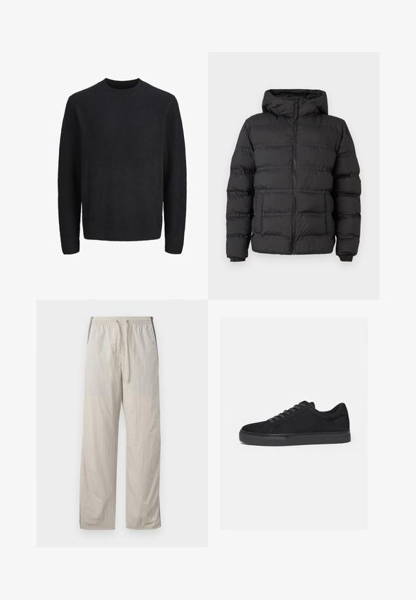 Sort pufferjakke med lynlås foran, tætsiddende hætte og syede sektioner til isolering. Blød, glat tekstur og en struktureret design.; Sort langærmet rundhalset sweater med ribstrikkede manchetter og kant, lavet af blødt, struktureret stof.; Beige, lette, snorebukser med elastisk talje, der har mørke sidedele og en løs, lige ben-design.; Sort lavtop sneaker med snørelukning foran og flad gummisål, vist fra siden på en hvid baggrund.