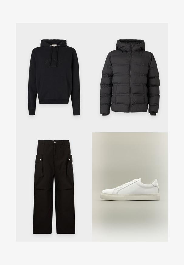 Doudoune noire avec fermeture éclair à l'avant, capuche ajustée et sections cousues pour l'isolation. Texture douce et lisse, avec un design structuré.; Hoodie noir en tissu doux, avec une poche avant, cordon de serrage à la capuche et logo « ORIGINALS » en relief sur la poitrine.; Pantalons cargo noirs en tissu doux, dotés d'une taille élastique, de poches latérales avec rabats et d'une coupe loose à jambes droites.; Baskets blanches basses à lacets sur l’avant et semelle épaisse, vues de côté sur un fond neutre.