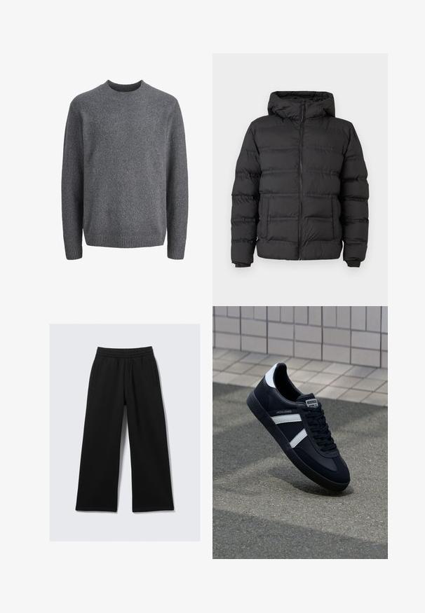 Doudoune noire avec fermeture éclair à l'avant, capuche ajustée et sections cousues pour l'isolation. Texture douce et lisse, avec un design structuré.; Pull en laine gris foncé à col rond avec manches longues et poignets, col et ourlet côtelés.; Pantalon noir à jambes larges avec une taille élastique, deux poches latérales et une texture lisse. Conçu pour le confort et la liberté de mouvement.; Sneaker en cuir noir avec des rayures blanches, semelle en caoutchouc texturée et devant à lacets. Présente une étiquette de marque sur la languette.