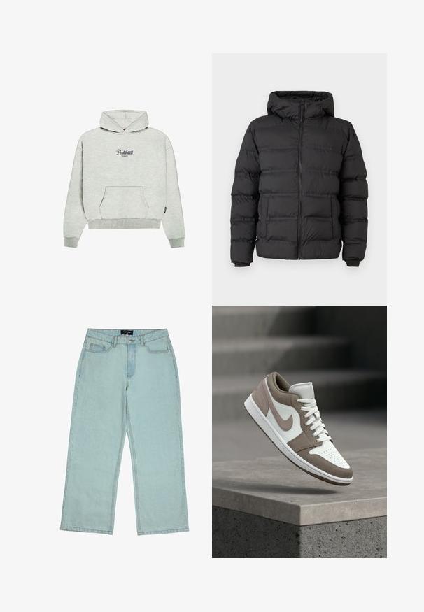 Schwarze Daunenjacke mit durchgehendem Reißverschluss, enganliegendem Kapuzendesign und genähten Bereichen zur Isolierung. Weiche, glatte Textur und strukturierte Form.; PROHIBITED GARMENT - Kapuzenpullover - greymelange; Helleblaue Denim-Hose im weit geschnittenen Stil mit hoher Taille, ausgestattet mit Gürtelschlaufen, Fronttaschen und einer abgedunkelten Textur. Mit Messingknopfverschluss und Steppnähten.; Weißer und taupefarbener Sneaker mit niedrigem Schaft, Schnürsenkeln, Zwischensohle und Nike-Swoosh, der über einer Betonkante schwebt, mit Treppen im Hintergrund.