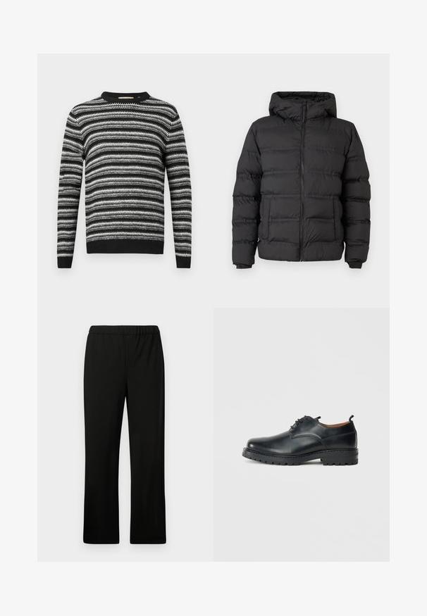 Sort pufferjakke med lynlås foran, tætsiddende hætte og syede sektioner til isolering. Blød, glat tekstur og en struktureret design.; Stribet sort og hvid sweater med rund halsudskæring og lange ærmer. Har et tekstureret mønster overalt samt ribbede manchetter og linning.; Sorte elastiske bukser med lige ben-design. Fremstillet af glat stof, uden synlige mønstre eller udsmykninger.; Sorte læder derby-sko med en glat overflade, rund tå, snøre-design og en tyk, robust gummisål.
