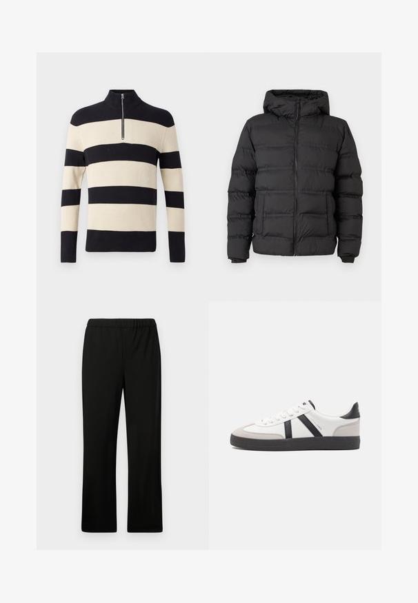 Doudoune noire avec fermeture éclair à l'avant, capuche ajustée et sections cousues pour l'isolation. Texture douce et lisse, avec un design structuré.; Pull en tricot à côtes rayé noir et beige avec des manches longues et un petit zip en argent au col montant.; Pantalon noir à taille élastique avec une coupe droite. Réalisé en tissu lisse, sans motifs ni embellissements visibles.; Baskets blanches avec des accents noirs et gris, présentant un embout texturé gris, une semelle en caoutchouc noir et des lacets plats blancs. Design épuré, style minimaliste.