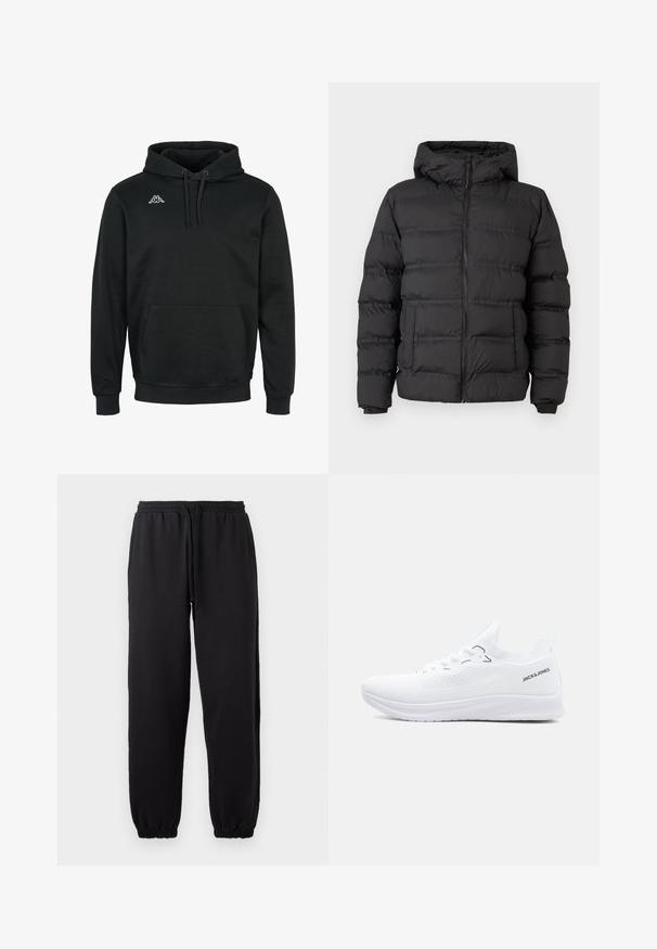 Doudoune noire avec fermeture éclair à l'avant, capuche ajustée et sections cousues pour l'isolation. Texture douce et lisse, avec un design structuré.; Haut à capuche noir en tissu doux, avec une poche frontale, un cordon de serrage à la capuche, des poignets côtelés et un petit logo blanc sur la poitrine.; Pantalons de jogging noirs en tissu doux, dotés d'une taille élastique avec cordon de serrage ajustable et de bas de jambe resserrés.; Baskets blanches en tricot à tige basse avec semelle texturée, fermeture à lacets à l'avant et logo "JACK & JONES" sur le côté du col du talon.