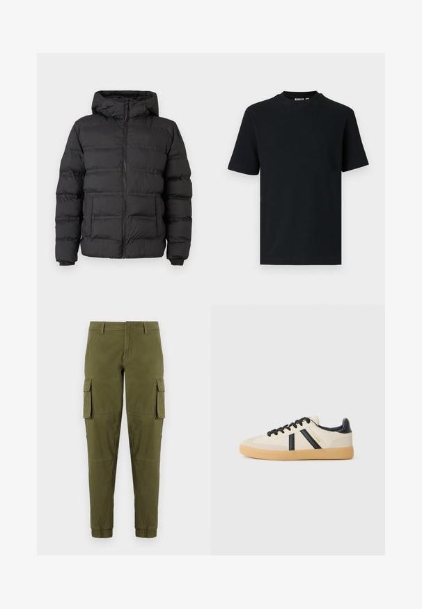 Doudoune noire avec fermeture éclair à l'avant, capuche ajustée et sections cousues pour l'isolation. Texture douce et lisse, avec un design structuré.; T-shirt noir à manches courtes en maille côtelée avec col rond et une petite étiquette visible à l'intérieur du col.; Pantalons cargo vert olive avec poignets élastiques, dotés de deux poches cargo latérales, d'une fermeture à bouton à l'avant et d'un tissu lisse et léger.; Baskets décontractées en crème avec des rayures noires, présentant un dessus texturé et une semelle en caoutchouc. Les lacets sont noirs. Logo discret sur le côté.
