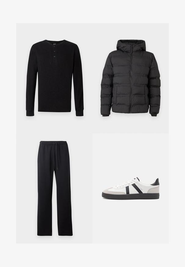 Abrigo de plumas negro con cierre frontal, capucha ajustada y secciones cosidas para aislamiento. Textura suave y lisa, y un diseño estructurado.; Camisa henley de manga larga negra con un botón de tres en el cuello, textura suave y puños acanalados, que presenta un corte clásico y un diseño minimalista.; Abercrombie & Fitch ESSENTIAL BAGGY OPEN HEM CASUAL - Pantalones deportivos - black; Zapatilla blanca con acentos en negro y gris, que presenta una puntera texturizada en gris, suela de goma negra y cordones planos blancos. Diseño limpio, estilo minimalista.