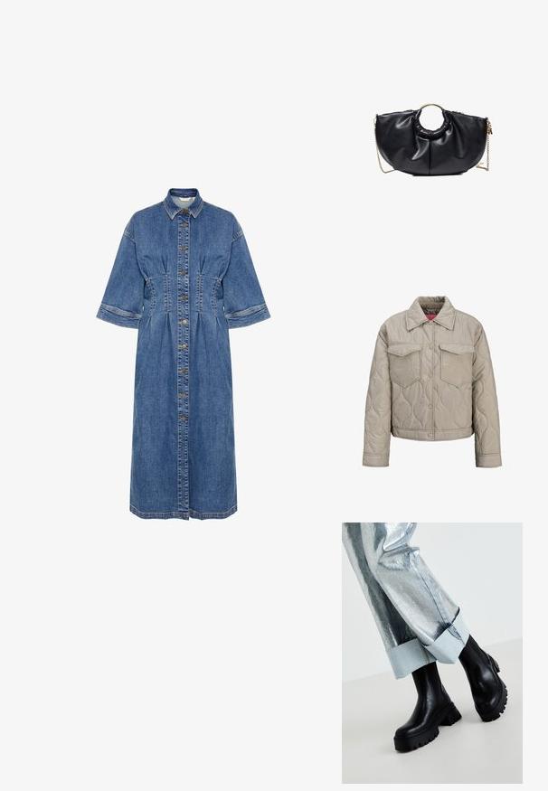 Vaaleanbeige tikattu takki, jossa on painonapit, kaksi etutaskua läpällä ja kaulus, ja siinä näkyy kevyt toppaus.; Denim-mekko, jossa on kauluskanteen, lyhyet hihat, nappilista edessä ja vyötärön yksityiskohtia. Värinä vaaleansininen ja tonaliset ompeleet.; Mustat, tukevarakenteiset nilkkasaappaat, joissa on teksturoidut pohjat, yhdistettynä hopeisiin metallinvärisiin housuihin, joissa on vaaleansiniset farkkuvarret. Minimalistinen muotoilu, tyylikkäät materiaalit.; Musta nahkainen käsilaukku, jossa on pyöreä kultainen kahva ja irrotettava kultainen ketjuhihna, tunnettu rypytetystä designistaan valkoisella taustalla.