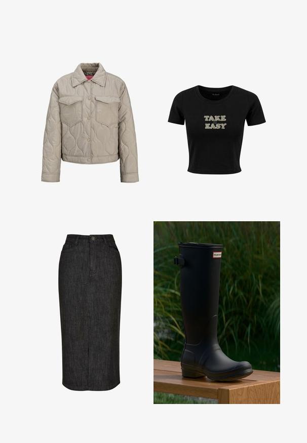 Lichtbeige doorgestikte jas met drukknopen, twee klepzakken aan de voorkant en een kraag, met een licht gewatteerde textuur.; Zwarte cropped t-shirt met korte mouwen, voorzien van de tekst "TAKE IT EASY" in een speelse lettertype met kleurrijke accenten. Glad textuur van de stof.; Denim rok gemaakt van donkergrijs stof met een rechte snit. Beschikt over een sluiting met knopen aan de voorkant en een standaard vijf-pocket ontwerp.; Zwarte rubberen kniehoge laars met een ronde neus, een lichte hak en een gespsluiting. Bevat het "HUNTER" logo op de voorkant.