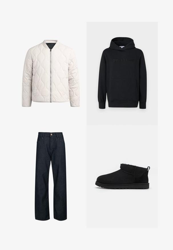Helle gesteppte Bomberjacke mit glatter Textur, Frontreißverschluss und geripptem Kragen. Mit Wellenmuster auf dem Stoff.; Schwarze Kapuzenpullover, weicher Stoff, Pulli-Design, vordertasche im Kängurustil, geprägtes "QUARTZ CO"-Logo auf der Brust, gerippte Bündchen und Saum.; Dunkelblaue Jeans aus Denim mit geradem Schnitt, Knopfverschluss, fünf Taschen und kontrastierenden Nähten.; Schwarze Wildleder-Stiefeletten mit einem weichen, strukturierten Innenfutter, einer flachen Gummisohle und einer Zugschlaufe auf der Rückseite für ein einfaches Anziehen.