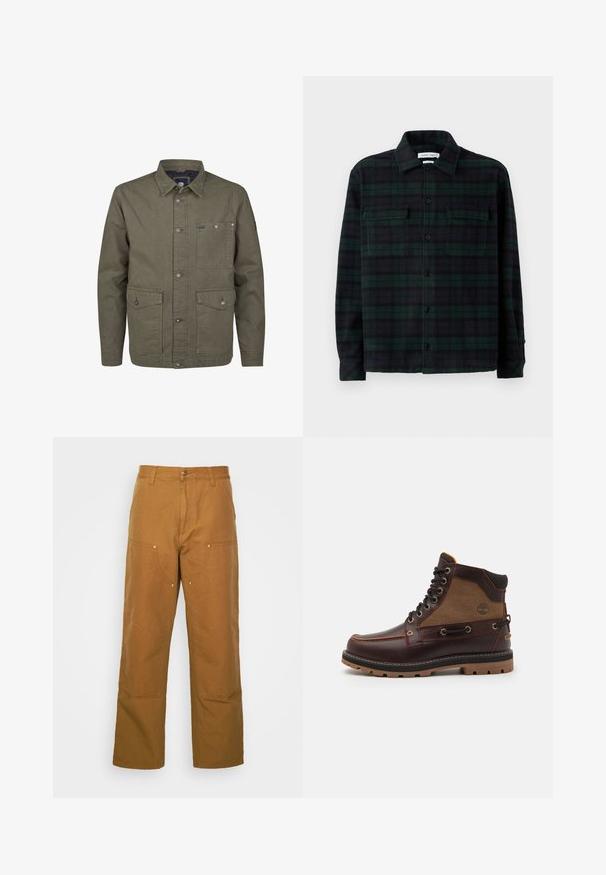 Grüne Canvas-Jacke mit Knopfleiste, zwei großen aufgesetzten Taschen und einer kleinen Brusttasche; verfügt über einen klassischen Kragen und silberne Knöpfe.; Grün-schwarz karierter Flanellhemd, lange Ärmel, Knopfleiste, zwei Brusttaschen und Kragenakzent. Weicher Stoff, normale Passform.; Braune Baumwoll-Arbeitshosen mit geradem Bein, die über Vordertaschen und Metallakzente für zusätzliche Strapazierfähigkeit verfügen.; Braune Lederstiefel mit einem beige Stoffeinsatz, runder Zehenpartie, Metallösen, schwarzer Gummisohle und Nähdetails. Mit erhabenem Logo an der Seite.