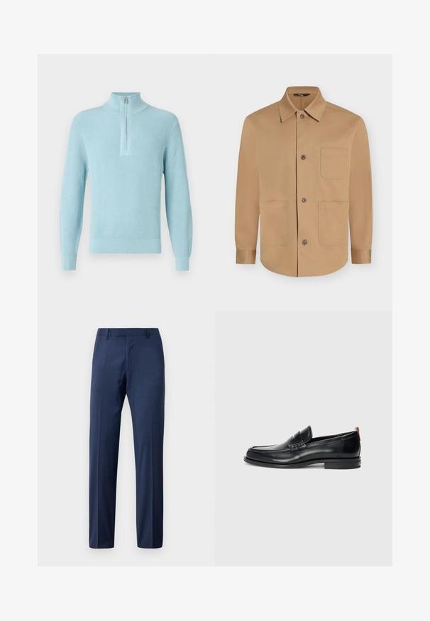Chemise beige à manches longues avec col et trois poches plaquées à l'avant, présentée à plat.; Pull bleu clair côtelé avec un col montant, une fermeture à glissière mi-hauteur, des manches longues et un ourlet ajusté, fabriqué en tissu doux et texturé.; Pantalons de costume bleu marine pour homme, ajustés, avec passants de ceinture et fermeture à glissière, présentés sur un fond blanc.; Mocassins en cuir noir au design élégant, à bout arrondi, avec une texture sur le devant et une semelle en caoutchouc pour une meilleure adhérence. Équipés d'une tirette à l'arrière.