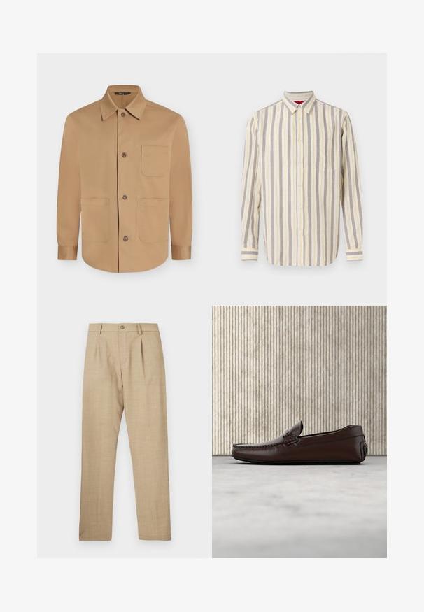 Chemise beige à manches longues avec col et trois poches plaquées à l'avant, présentée à plat.; Chemise à manches longues avec boutons, rayures verticales beige, blanches et jaune clair, et une poche poitrine unique sur un fond uni.; Pantalon beige ajusté avec fermeture à boutons et fermeture éclair, passants pour ceinture et plis plats à l'avant, présenté à plat sur un fond blanc.; Mocassins en cuir marron avec une finition lisse, des coutures de style mocassin, un bout rehaussé et une semelle en caoutchouc basse et flexible.