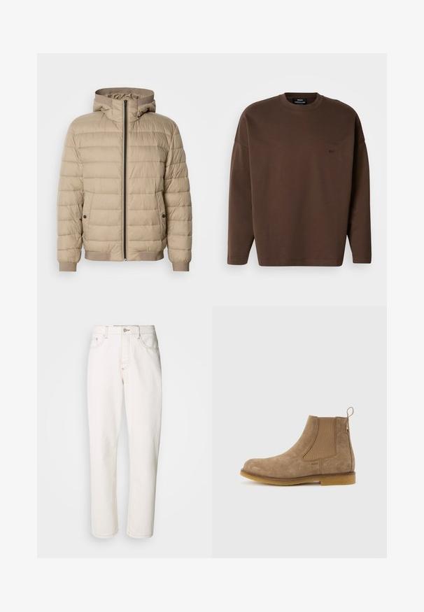 Beige Daunenjacke mit horizontalen Nähten, Kapuze, vorderem Reißverschluss, seitlichen Taschen mit Druckknöpfen und gerippten Bündchen und Saum.; Brauner Kapuzenpullover mit langen Ärmeln, geripptem Ausschnitt und einem dezenten gestickten Logo auf der Brust. Aus weichem, strukturiertem Material gefertigt.; Weiße Jeans aus Denim mit geradem Bein, ausgestattet mit gestickten Nähten, einem metallischen Knopfverschluss und einer klassischen fünf-Pocket-Konstruktion.; Hellbrauner Chelsea-Stiefel aus Wildleder mit elastischen Seitenpaneelen, Zuglasche an der Ferse und Gummisohle.