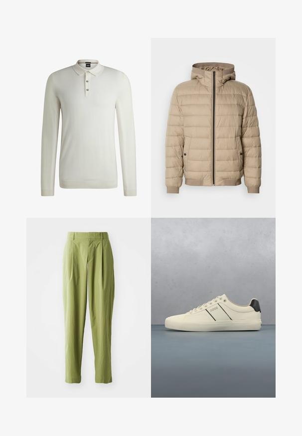 Chaqueta acolchada beige con costuras horizontales, capucha, cierre frontal de cremallera, bolsillos laterales con botones a presión y puños y dobladillo acanalados.; BOSS LANCIONE - Jersey de punto - open white eleven; Pantalones verdes claros hechos de una tela texturizada, con una forma recta, pliegues en la parte frontal y una cinturilla estándar.; Zapatillas de color crema con una textura suave, que presentan acentos y marcas en negro. Diseño clásico de cordones con punta redonda y suela de goma.