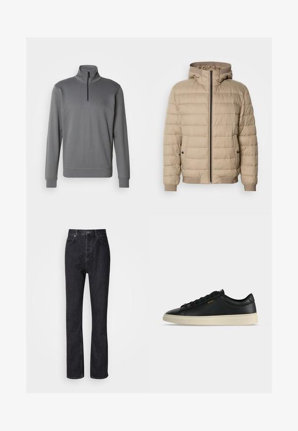 Veste matelassée beige avec des coutures horizontales, une capuche, une fermeture éclair à l'avant, des poches latérales avec boutons-pression, et des poignets et un ourlet côtelés.; Sweatshirt gris à col haut et fermeture éclair demi-zippée. Présente un tissu texturé et un petit patch logo sur la poitrine.; Jean en denim noir taille haute avec fermeture à bouton et à glissière, poches avant et arrière, et coupe droite.; Baskets basses en cuir noir avec semelle blanche, lacets noirs et petit logo BOSS doré sur le côté.