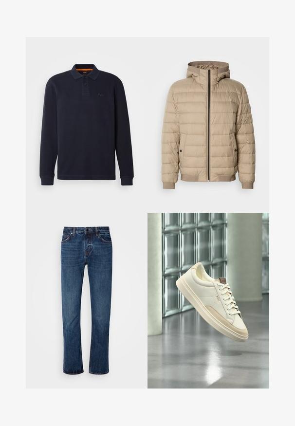 Beige pufferjack met horizontale stiksels, een capuchon, ritssluiting aan de voorkant, zijzakken met drukknoopsluitingen en ribgebreide manchetten en zoom.; Marineblauwe longsleeve polo-shirt van gestructureerde stof met een knoopsluiting bij de hals. Bevat een klein geborduurd logo op de borst.; Mannen's blauwe spijkerbroek met een rechte pijpdesign, standaard tailleband, vijf-pocket stijl en subtiele vervaging langs de bovenbenen.; Witte lage sneaker met beige accenten en veters, met het merk "BOSS", zwevend boven een gepolijste vloer met een glasblokken muur op de achtergrond.