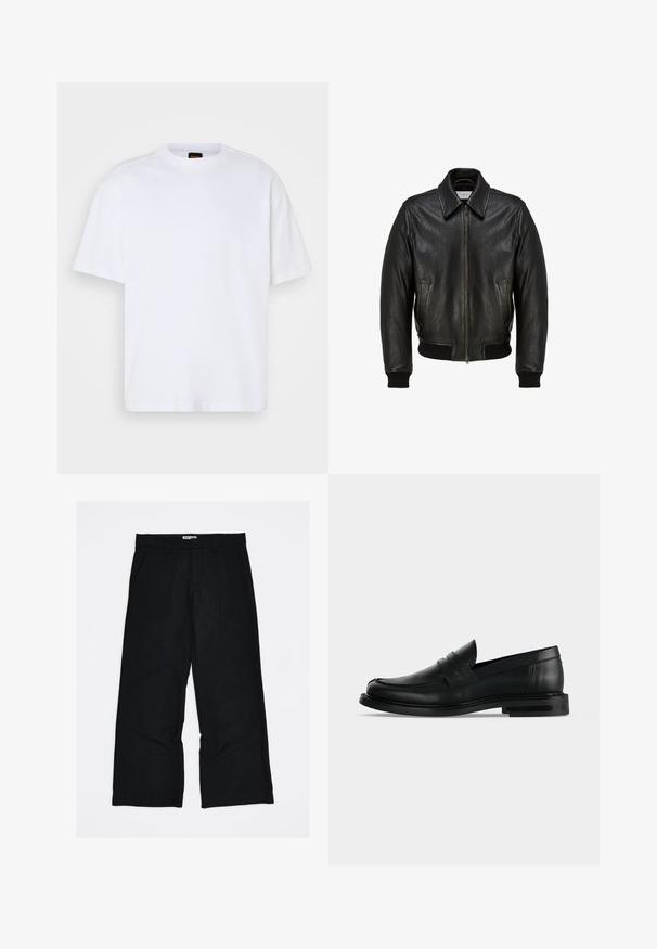 Chaqueta bomber de cuero negro con cremallera frontal, puños y dobladillo acanalados, dos bolsillos laterales en ángulo y cuello puntiagudo.; Camiseta de algodón blanca con cuello redondo, mangas cortas y un corte relajado. Presenta costuras de hombro texturizadas para un detalle adicional.; Pantalones negros a rayas finas hechos de una tela suave y ligera. Presentan un diseño de pierna ancha a todo lo largo y bolsillos delanteros.; Mocasín penny negro de cuero para hombre con tacón bajo y apilado y puntera redondeada, mostrado de lado sobre un fondo gris claro.