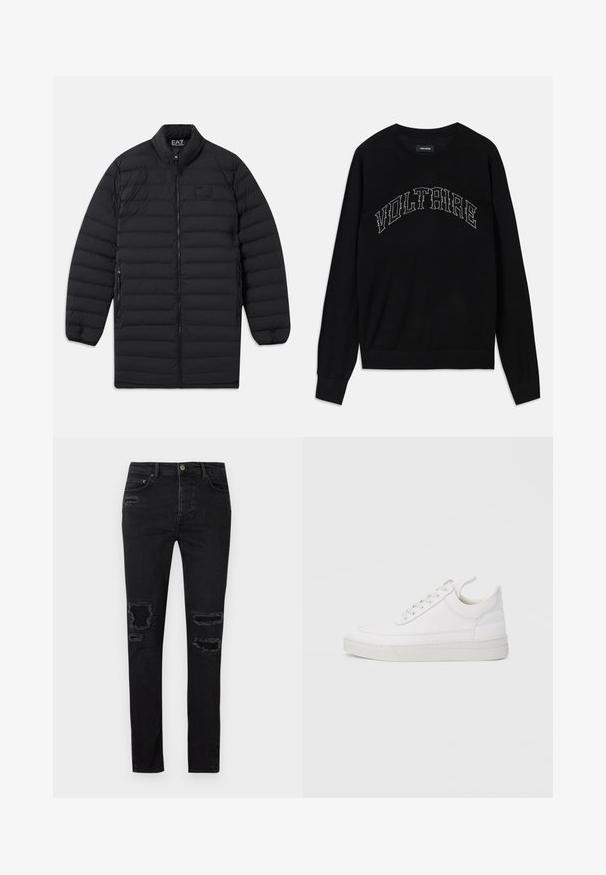 Schwarze, gesteppte Langjacke mit Frontreißverschluss, seitlichen Reißverschlusstaschen und Stehkragen, mit EA7 Emporio Armani-Logo auf der Brust und innen am Kragen.; Schwarzer Pullover mit Rundhalsausschnitt und langen Ärmeln. "VOLTAIRE" in kontrastierender Steppung über der Brust. Weicher Stoff und figurbetonter Schnitt.; Schwarze Jeans aus Denim mit schlanker Passform, die an den Knien ausgefranste Risse, tonale Nähte und einen klassischen Knopf- und Reißverschluss haben.; Weißer Ledersneaker mit abgerundetem Zehenbereich, flacher Sohle und Schnürverschluss. Verfügt über Nahtdetails und einen gepolsterten Kragen für zusätzlichen Komfort.