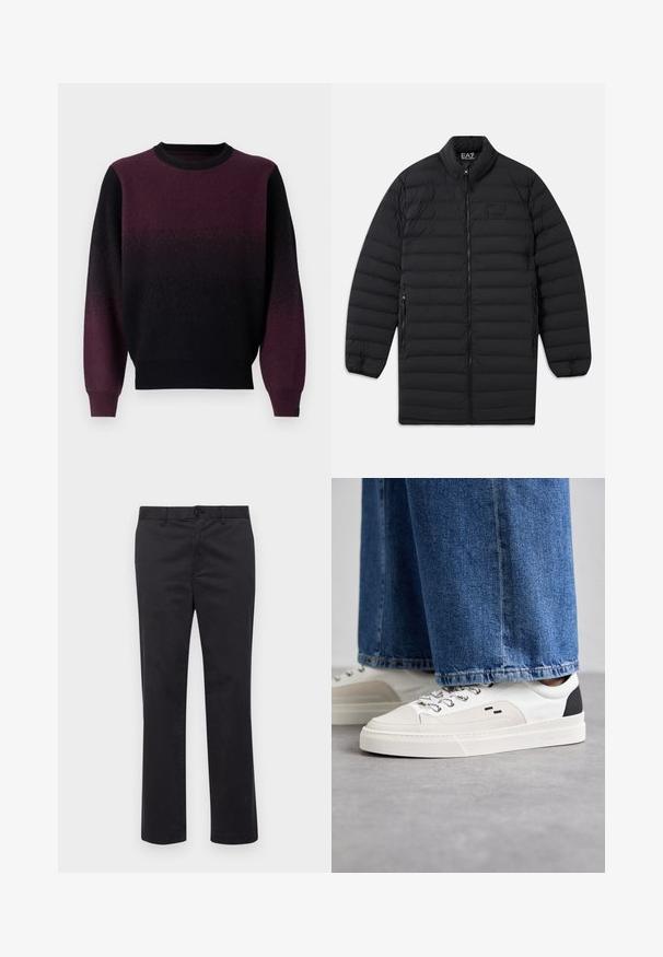 Manteau long matelassé noir avec fermeture avant à glissière, poches latérales zippées et col montant, arborant le logo EA7 Emporio Armani sur la poitrine et à l'intérieur du col.; Pull en tricot dégradé du noir au violet profond. Texture douce en maille, encolure ronde et manches longues. Poignets et ourlet côtelés.; Pantalons en coton noir avec une coupe droite, dotés d'une fermeture à bouton et de passants de ceinture. Texture lisse, sans motifs ni accents visibles.; Baskets blanches et noires avec une tige en cuir lisse, des accents texturés et une semelle épaisse blanche. Présentent un design classique à lacets.