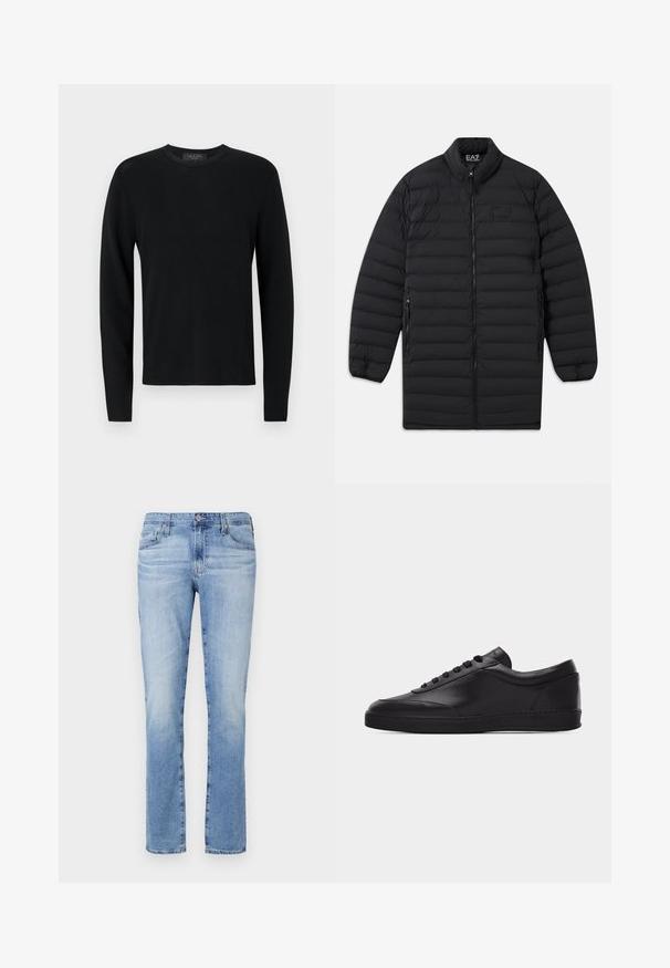 Sort quiltet lang jakke med frontlynlås, lynlåslommer på siden og høj krave, med EA7 Emporio Armani-logo på brystet og indvendig på kraven.; Sort bomulds sweater med lange ærmer, ribbet tekstur, rund hals og tætsiddende ærmer. Enkel design uden mønstre eller detaljer.; Lyseblå denimjeans med lige ben, med knaplukning, fem lommer og let falmning i stoffet.; Sort lavtstående lædersneaker med snørebånd foran og flad gummisål, vist fra siden på en ensartet hvid baggrund.