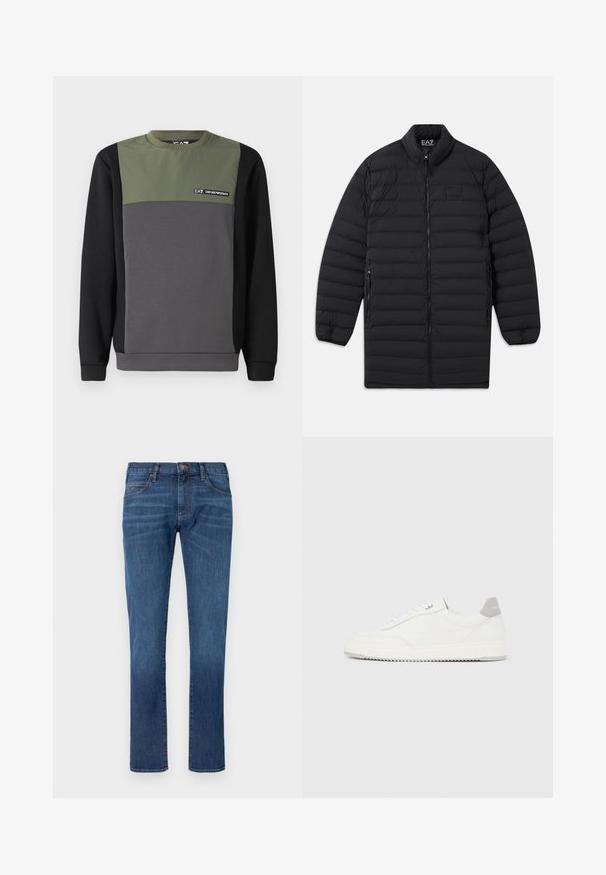 Čierny prešívaný dlhý kabát s predným zipsom, bočnými vreckami na zips a stojacím golierom, s logom EA7 Emporio Armani na hrudi a vo vnútri goliera.; Mikina v blokových farbách: tmavozelená horná časť, sivá stredná časť a čierna dolná časť. Má dlhé rukávy a okrúhly výstrih s detailom loga.; Modré riflové nohavice so strihom priamo na nohe, s klasickým dizajnom piatich vreciek a zapínaním na gombíky. Jemné blednutie cez textúru látky.; Biela nízka teniska so sivým pätovým pásikom, bielymi šnúrkami a členitou podrážkou, zobrazená na jednoduchom svetlom pozadí.