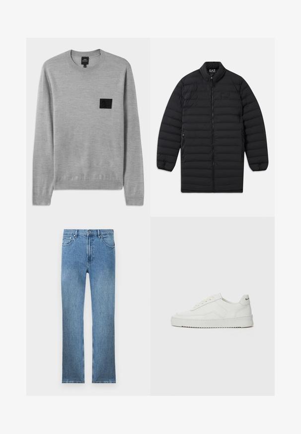 Must mustriline, pikitud pikk jakk esikoiu tõmbluku, tõmbelukuga küljetaskute ja püsti kraega, mis on varustatud EA7 Emporio Armani logoga rinnal ja krae sees.; Hallitus hallide krae, pikad varrukad ja soonikkoesed. Esiosas on tekstuuriga must logo leid. Pehme kudumismaterjal.; Heledsinine teksapüksid sirge lõikega, viie taskuga, tõmblukuga ning kontrastsete õmblustega. Kanga pind on sile ja tekstuuriga.; Valge nahast tennis, millel on sile põhi, ümar varvas, lamedad nöörid ja tekstuuriline tall. Sisaldab diskreetset logo kontsaribal.