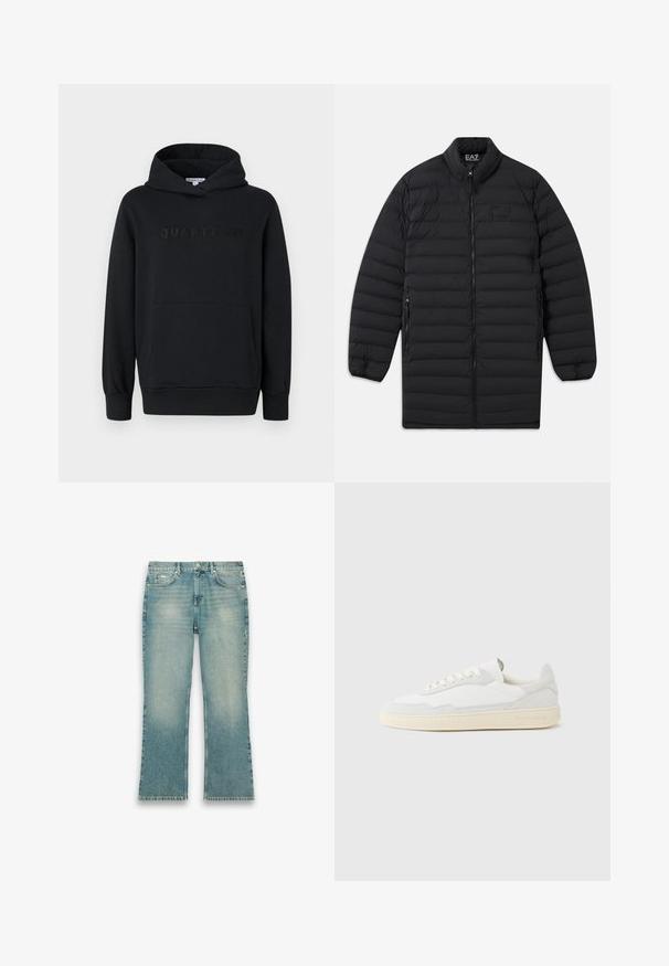 Manteau long matelassé noir avec fermeture avant à glissière, poches latérales zippées et col montant, arborant le logo EA7 Emporio Armani sur la poitrine et à l'intérieur du col.; Sweat à capuche noir, tissu doux, design à enfiler, poche kangourou à l'avant, logo "QUARTZ CO" en relief sur la poitrine, poignets et ourlet côtelés.; Jean en denim bleu clair avec légère décoloration, coupe droite, bouton à l'avant et cinq poches, sur fond blanc.; Baskets blanches avec dessus en daim et cuir texturé. Caractérisées par un bout arrondi, une fermeture à lacets et une semelle en caoutchouc beige contrastante.