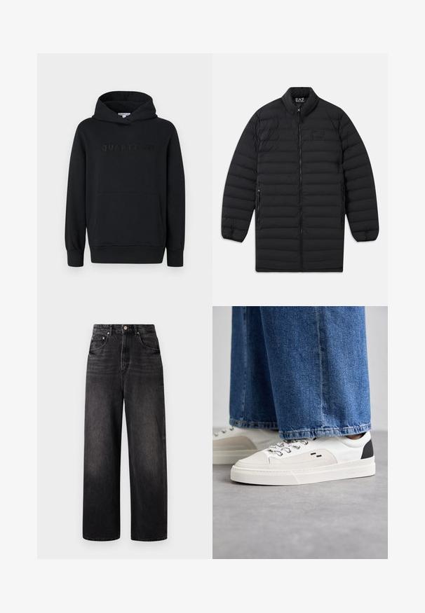 Chaqueta larga de quilted negra con cremallera frontal, bolsillos laterales con cremallera y cuello alzado, que presenta el logo de EA7 Emporio Armani en el pecho y el interior del cuello.; Sudadera con capucha negra, fabricada en un tejido suave, diseño tipo pullover, bolsillo canguro frontal, logo en relieve "QUARTZ CO" en el pecho, puños y dobladillo acanalados.; Jeans de mezclilla negra con un corte holgado, cintura alta, cinco bolsillos y un cierre de botón visible. Presenta un desvanecimiento sutil y un diseño de pierna recta.; Zapatillas blancas y negras con una parte superior de cuero suave, acentos texturizados y una suela blanca gruesa. Presenta un diseño clásico de cordones.