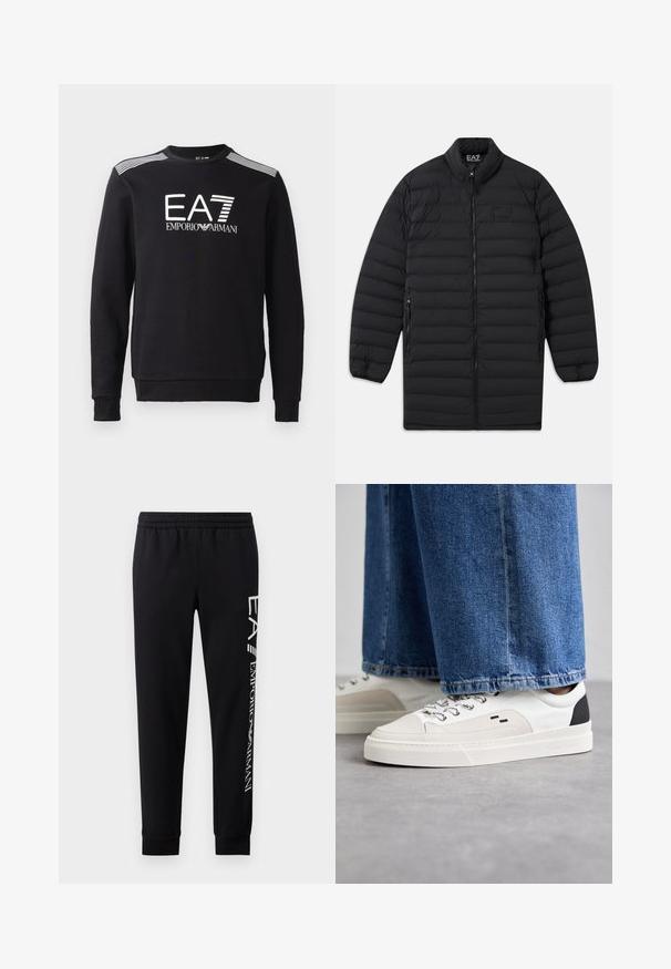 Čierny prešívaný dlhý kabát s predným zipsom, bočnými vreckami na zips a stojacím golierom, s logom EA7 Emporio Armani na hrudi a vo vnútri goliera.; Čierna mikina vyrobená z bavlny, s okrúhlym výstrihom, dlhými rukávmi, bielym logom EA7 a pruhmi na pleciach.; Čierne tepláky vyrobené z bavlnenej zmesi, s elastickým pásom, zúženými nohavicami, ribovanými manžetami a bielym logom na boku.; Biele a čierne tenisky s hladkým koženým zvrškom, štruktúrovanými akcentmi a masívnou bielou podrážkou. Obsahujú klasický dizajn so šnurovaním.