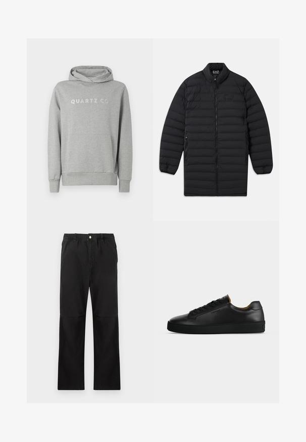 Must mustriline, pikitud pikk jakk esikoiu tõmbluku, tõmbelukuga küljetaskute ja püsti kraega, mis on varustatud EA7 Emporio Armani logoga rinnal ja krae sees.; Hallitusroheline kapuutsiga sviiter, mis on valmistatud pehmest kangast. Sellel on reguleeritav kapuuts ja eesmine tasku, millel on rinnaosas diskreetne "QUARTZ CO" trükk.; Mustast puuvillast valmistatud püksid elastse vöökohtaga, otse lõikega, siledast tekstuurist ja ilma nähtavate aksessuaaride või mustriteta.; Mustad madala säärega nahast vabaajajalatsid mustade paelte, tekstuuri kummipõhjaga ja väikese reljeefse logoga küljel, kujutatud profiilis halli taustaga.