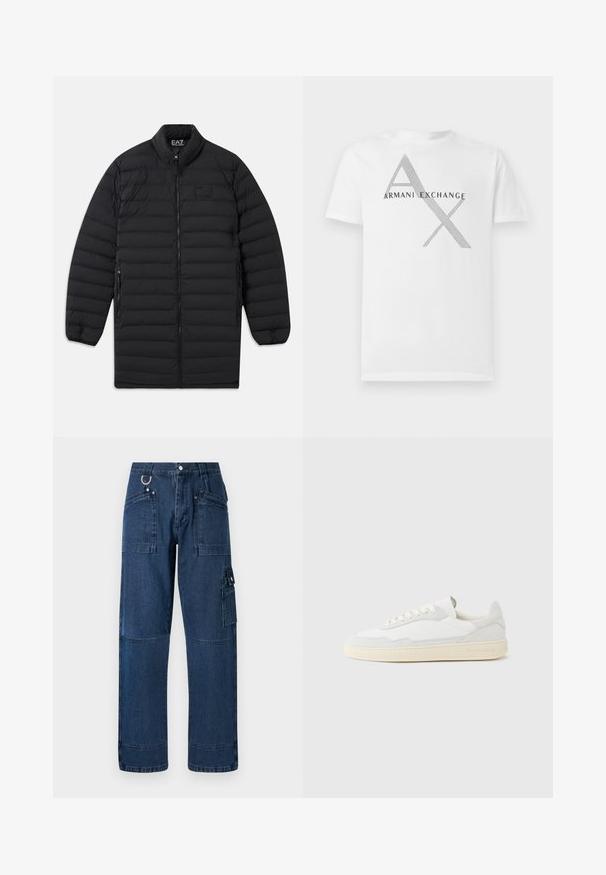 Schwarze, gesteppte Langjacke mit Frontreißverschluss, seitlichen Reißverschlusstaschen und Stehkragen, mit EA7 Emporio Armani-Logo auf der Brust und innen am Kragen.; Weißes Baumwoll-T-Shirt mit einem Grafikdruck von "ARMANI EXCHANGE" und ineinander verschlungenem "AX" in Grau, mit glatter Textur und kurzen Ärmeln.; Dunkelblaue Denim-Cargo-Hosen mit geradem Schnitt, ausgestattet mit mehreren Taschen, metallischen Beschlägen und Kontrastnähten.; Weißer Sneaker mit strukturiertem Obermaterial aus Wildleder und Leder. Verfügt über eine runde Zehenpartie, Schnürverschluss und eine kontrastierende beige Gummisohle.