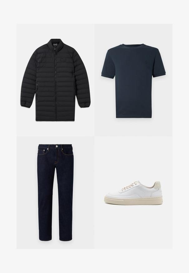 Sort quiltet lang jakke med frontlynlås, lynlåslommer på siden og høj krave, med EA7 Emporio Armani-logo på brystet og indvendig på kraven.; Mørkeblå bomulds t-shirt med korte ærmer, rund hals og et lille tekstureret logo på venstre brystområde. Glat stoffinish.; Mørkeblå jeans i denim med lige ben-design, der har orange syninger, fem lommer og en frontknaplukning.; Hvide sneakers med en glat læderoverdel, beige snørebånd og en tekstureret beige ruskindsheel-tab. Hævet sål for ekstra højde.