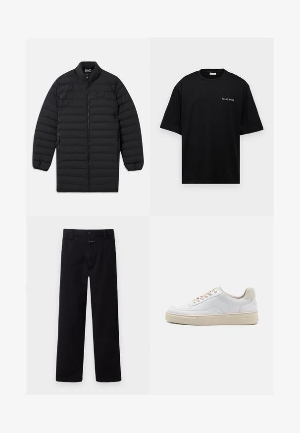 Schwarze, gesteppte Langjacke mit Frontreißverschluss, seitlichen Reißverschlusstaschen und Stehkragen, mit EA7 Emporio Armani-Logo auf der Brust und innen am Kragen.; Schwarzes Baumwoll-T-Shirt mit lockerer Passform, kurzen Ärmeln und einem weißen "FILLING PIECES"-Logo auf der linken Brust. Glatte Textur.; Schwarze Baumwollhosen mit geradem Bein, ausgestattet mit einem Frontverschluss aus Knopf und Reißverschluss sowie seitlichen Taschen. Einfacher und vielseitiger Stil.; Weiße Sneaker mit einem glatten Lederobermaterial, beigen Schnürsenkeln und einer strukturierten, beigen Wildleder-Fersenschlaufe. Erhöhte Sohle für zusätzlichen Komfort.