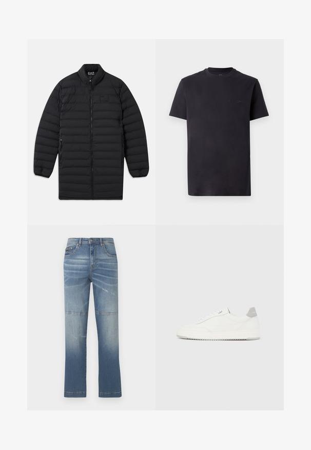 Zwarte gewatteerde lange jas met voorrits, ritszakken aan de zijkant en opstaande kraag, met het EA7 Emporio Armani-logo op de borst en binnenkant van de kraag.; Zwarte katoenen t-shirt met een ronde hals, korte mouwen en een reliëf logo detail op de borst. Soepele textuur, ontspannen pasvorm.; Lichtblauwe denim jeans met een recht model, voorzien van vervaging, stiksel details en een medium hoge taille. Inclusief voorzakken.; Witte lage sneaker met grijze hielpatch, witte veters en een gestructureerde zool, gepresenteerd op een effen lichte achtergrond.