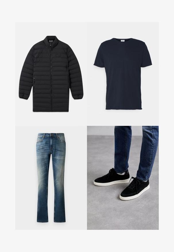Must mustriline, pikitud pikk jakk esikoiu tõmbluku, tõmbelukuga küljetaskute ja püsti kraega, mis on varustatud EA7 Emporio Armani logoga rinnal ja krae sees.; Tumed sinine puuvillane T-särk, millel on ümar kaelus ja lühikesed varrukad, sile tekstuur ja lihtne disain, ilma nähtavate mustrite või aksessuaarideta.; Sinine denimihõlmik, sirge jala lõikega, millel on kulunud pesu, viis taskut ja pruun nupp vööl.; Mustast nahast tennisetossud valge kummiseguga tallaga, klassikalise madala disainiga, ümarate varvastega ja lame mustade paeltega.