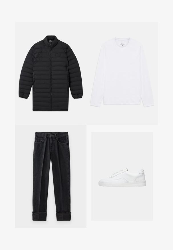 Manteau long matelassé noir avec fermeture avant à glissière, poches latérales zippées et col montant, arborant le logo EA7 Emporio Armani sur la poitrine et à l'intérieur du col.; T-shirt à manches longues blanche avec un col rond, portant le logo Armani Exchange imprimé à l'intérieur de l'encolure, taille médium.; Jeans en denim noir à coupe décontractée, avec des ourlets retroussés et une marque en relief sur l'ourlet. Design classique à cinq poches avec des coutures contrastées.; Baskets basses blanches avec un design à lacets, dessus en cuir lisse et semelle épaisse, montrées de profil sur un fond uni.