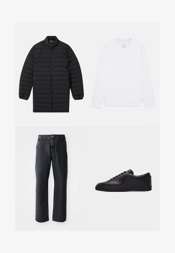 Zwarte gewatteerde lange jas met voorrits, ritszakken aan de zijkant en opstaande kraag, met het EA7 Emporio Armani-logo op de borst en binnenkant van de kraag.; Witte langemouwen ronde hals shirt met het Armani Exchange logo afgedrukt binnen de halslijn, maat medium.; Zwarte denim jeans met een rechte pijp, voorzien van een knoopsluiting, vijf zakken en een subtiele textuur. Klassiek ontwerp zonder opvallende patronen.; Zwarte lage leren sneaker met vetersluiting aan de voorkant en een platte rubberen zool, gezien van de zijkant tegen een effen witte achtergrond.