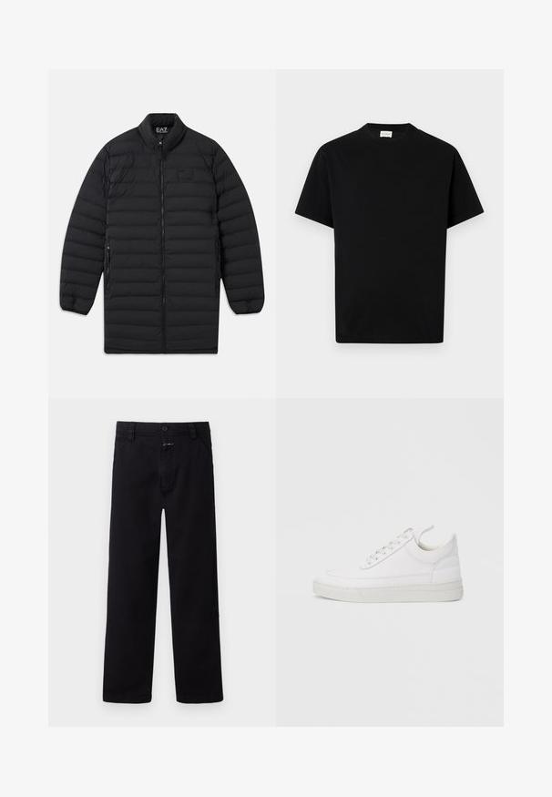 Schwarze, gesteppte Langjacke mit Frontreißverschluss, seitlichen Reißverschlusstaschen und Stehkragen, mit EA7 Emporio Armani-Logo auf der Brust und innen am Kragen.; Schwarzes Baumwoll-T-Shirt mit rundem Ausschnitt, kurzen Ärmeln und geradem Schnitt. Keine sichtbaren Muster oder Hardwaredetails.; Schwarze Baumwollhosen mit geradem Bein, ausgestattet mit einem Frontverschluss aus Knopf und Reißverschluss sowie seitlichen Taschen. Einfacher und vielseitiger Stil.; Weißer Ledersneaker mit abgerundetem Zehenbereich, flacher Sohle und Schnürverschluss. Verfügt über Nahtdetails und einen gepolsterten Kragen für zusätzlichen Komfort.