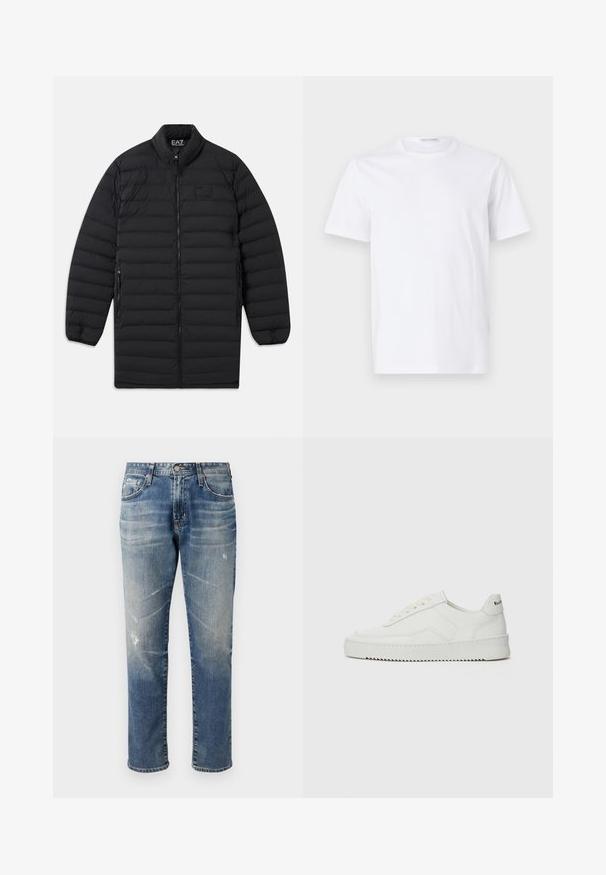 Must mustriline, pikitud pikk jakk esikoiu tõmbluku, tõmbelukuga küljetaskute ja püsti kraega, mis on varustatud EA7 Emporio Armani logoga rinnal ja krae sees.; Valge puuvillane T-särk ümarate krae ja lühikeste varrukatega. Sile tekstuur, sirge lõige ja minimalistik disain ilma mustrite või aksessuaarideta.; Heledad sinine teksapüksid otse lõikega, kulunud viimistlusega, peente kulumisdetailidega, viie taskuga ja vöökoha jaoks vööpaelaga.; Valge nahast tennis, millel on sile põhi, ümar varvas, lamedad nöörid ja tekstuuriline tall. Sisaldab diskreetset logo kontsaribal.