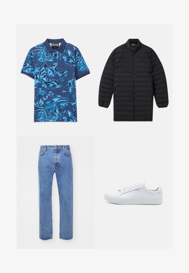 Must mustriline, pikitud pikk jakk esikoiu tõmbluku, tõmbelukuga küljetaskute ja püsti kraega, mis on varustatud EA7 Emporio Armani logoga rinnal ja krae sees.; Tumesinine polo särk siniste lillemotiividega, lühikeste varrukatega ja nööbitava kraega. Valmistatud puuvillast kangast, sujuva tekstuuriga.; Won Hundred STEVE - Avar lõikega teksad - cut blue; Valge nahkkingadega tossud, millel on sile viimistlus, madal disain, ümar varvas ja lame kummitald. Omavad lamedaid paelu ja minimaalset brändingut.