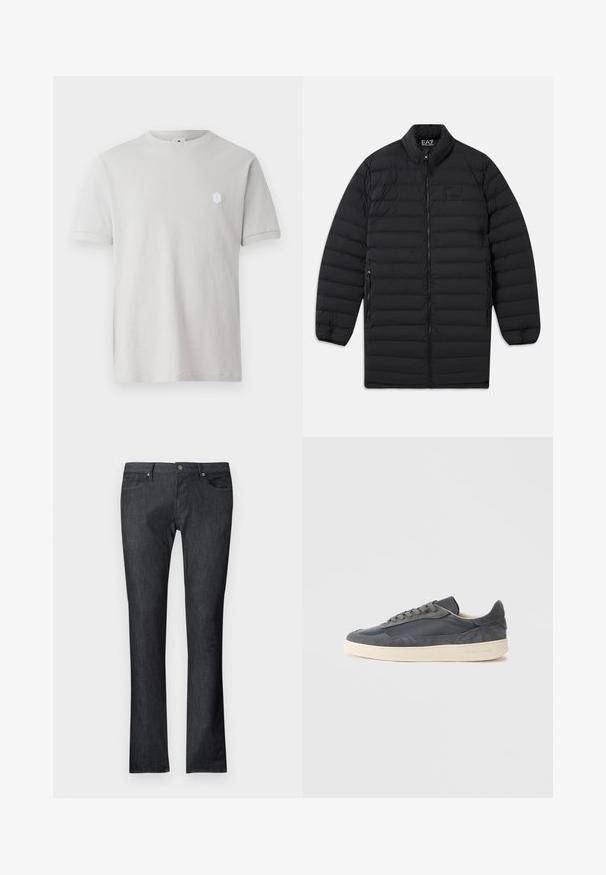 Schwarze, gesteppte Langjacke mit Frontreißverschluss, seitlichen Reißverschlusstaschen und Stehkragen, mit EA7 Emporio Armani-Logo auf der Brust und innen am Kragen.; Helles graues Baumwoll-T-Shirt mit kurzen Ärmeln, rundem Ausschnitt und einem kleinen hexagonalen weißen Logo auf der oberen linken Seite. Glatte Textur.; Dunkelblaue Jeans aus Denim mit geradem Schnitt, ausgestattet mit Front- und Gesäßtaschen, einem Metallknopfverschluss und dezenten Nähdetails.; Dunkelgraue Sneakers aus Leder und Wildleder mit niedrigem Schnitt, ausgestattet mit einer cremefarbenen Gummisohle und flachen Schnürsenkeln.