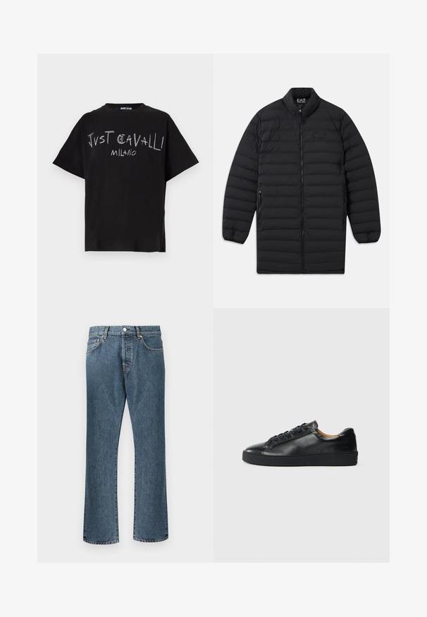 Must mustriline, pikitud pikk jakk esikoiu tõmbluku, tõmbelukuga küljetaskute ja püsti kraega, mis on varustatud EA7 Emporio Armani logoga rinnal ja krae sees.; Must mustrefix T-särk, millel on vabalt langev lõige, esiosas valge trükitud tekst "JUST CAVALLI MILANO", ümmargune kaelus ja lühikesed varrukad.; Sinised denim teksad sirge säärega disainiga, klassikalise nööbi ja lukuga kinnitusega, viie taskuga ja õrna pleekimisega.; Musthave nahkast kingad sujuva tekstuuriga, ümara toe jastringsidega sulgemisega. Omab paksu kummist tallat ja minimaalset brändi detaili.