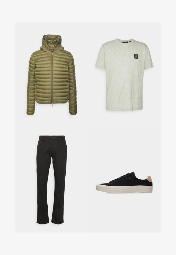 Veste matelassée vert olive avec capuche, présentant des coutures horizontales, une fermeture éclair devant avec un tirette orange, et un design ajusté.; T-shirt à manches courtes gris clair, fabriqué en tissu doux, avec un petit patch carré noir et un emblème doré sur la partie gauche de la poitrine.; JOOP! Jeans MITCH - Jean droit - black; Baskets basses noires avec languette beige au talon, semelle en caoutchouc blanche épaisse, lacets noirs et petite étiquette "PS Paul Smith" sur le côté.