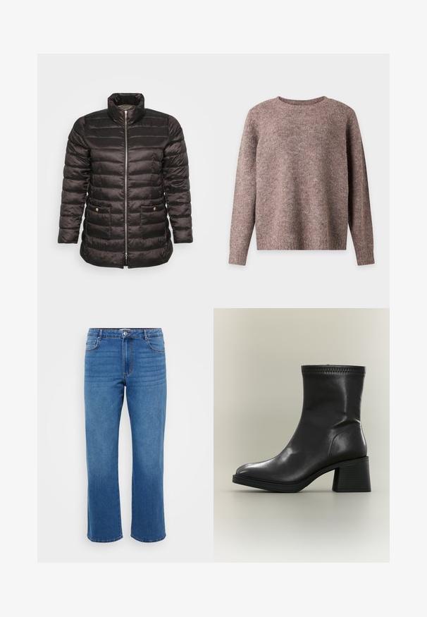Sort dunjakke med høj krave, quiltet design, lynlås foran og to sidelommer med trykknapper. Glat, skinnende stof.; Langærmet rundhalset sweater i blødt, tekstureret brunt strikstof med ribkant ved ærmer og nederst på en ensfarvet baggrund.; Blå denimjeans med lige ben, der har en knaplukning, klassisk fem-lomme design og en subtil falmet tekstur på lårene.; Sort læderstøvle midt på læggen med blokhæl og rund tå, vist fra siden på en neutral baggrund.