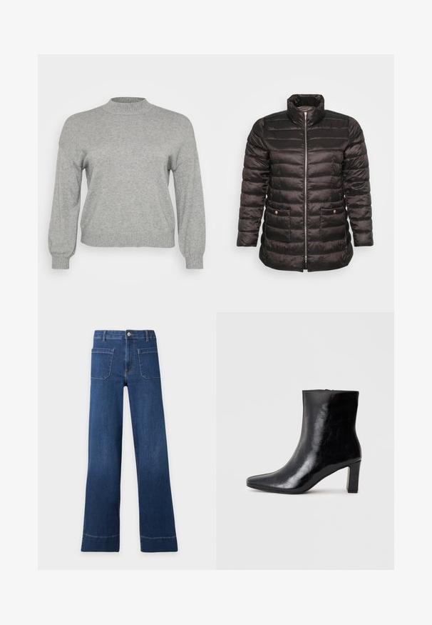Veste matelassée noire avec un col haut, un design matelassé, une fermeture éclair à l'avant et deux poches latérales avec boutons-pression. Tissu lisse et brillant.; Pull en tricot gris clair à manches longues, avec un col rond côtelé, des poignets et un ourlet, présenté sur un fond blanc.; Jean en denim bleu taille haute avec jambes larges, poches plaquées à l'avant, passants de ceinture et fermeture par bouton à la taille.; Bottine noire en cuir brillant, avec un bout pointu et un talon carré moyen, présentant une texture lisse et un design simple.