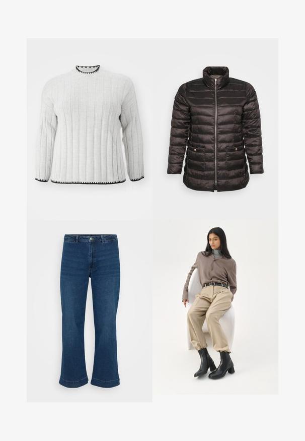 Sort dunjakke med høj krave, quiltet design, lynlås foran og to sidelommer med trykknapper. Glat, skinnende stof.; Lys grå ribbet sweater med lange ærmer, der har en sort kant ved den høje halsudskæring og kanten. Blød tekstur og afslappet design.; Højtaljede blå jeans med lige ben og bred kant, lavet af denim. Har et klassisk fem-lomme design og lukning med metalknap.; Kvinde med langt sort hår, der læner sig op ad en hvid buet stol iført en taupe bluse, beige bukser, sort bælte og sorte ankelstøvler med hæl.
