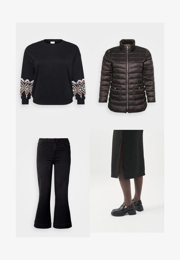 Veste matelassée noire avec un col haut, un design matelassé, une fermeture éclair à l'avant et deux poches latérales avec boutons-pression. Tissu lisse et brillant.; Sweatshirt noir avec col rond. Manches longues ornées de motifs brodés complexes en blanc, rose et jaune sur les poignets. Tissu doux.; Jean noir évasé avec une taille ajustée, doté de poches avant, d'une fermeture par boutons et d'un tissu texturé. L'ourlet inférieur est retroussé.; Femme portant des mocassins noirs à talons épais, des collants noirs transparents et une jupe noire fendue à l'arrière sur fond blanc.