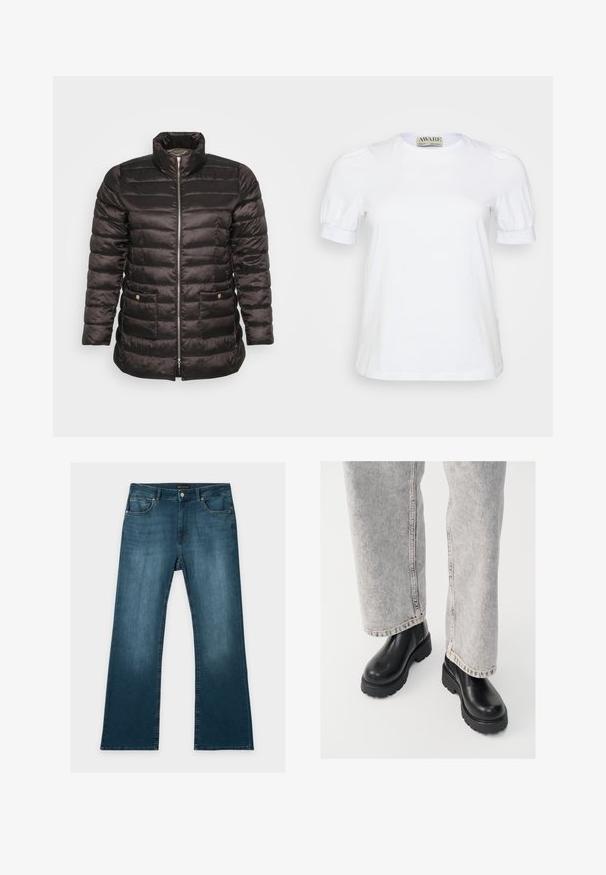 Sort dunjakke med høj krave, quiltet design, lynlås foran og to sidelommer med trykknapper. Glat, skinnende stof.; Hvid kortærmet t-shirt lavet af bomuld, med rund halsudskæring og pufærmer med elastiske manchetter. Simpelt og klassisk design.; Blå jeans med lige ben, foran- og baglommer, knap- og lynlåslukning og subtile falmede detaljer på lår og knæ.; Vagabond COSMO - Plateaustøvletter - black