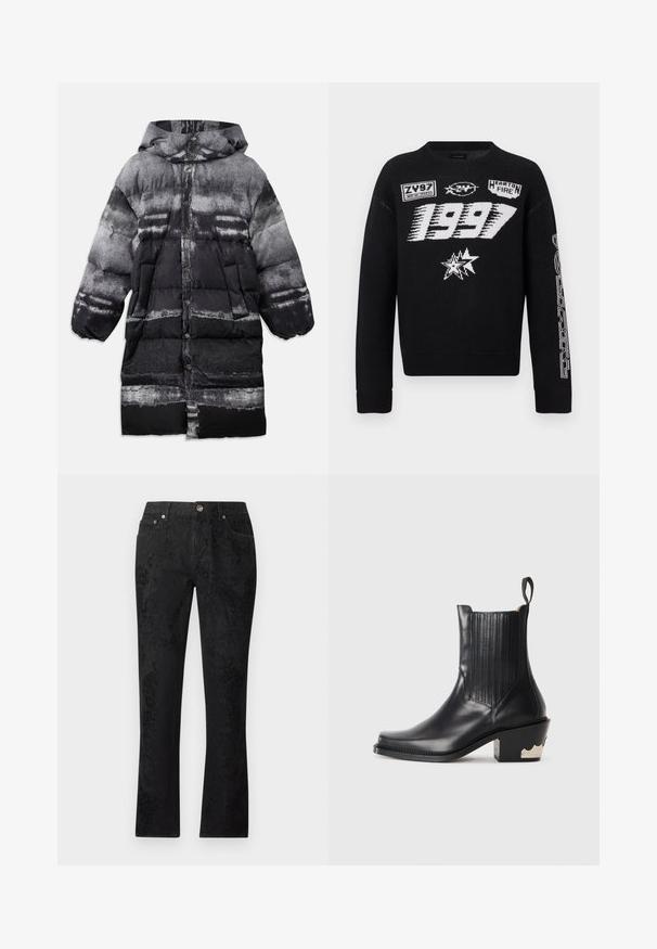 Manteau rembourré noir et gris avec capuche, présentant un motif abstrait, des boutons-pression et des poches latérales. Texture douce et isolante.; Pull en maille noire avec des imprimés graphiques blancs, comprenant "1997", des écussons logo et des motifs géométriques sur les manches. Manches longues, col rond.; Jean noir à jambes droites avec un motif jacquard floral subtil, bouton à l'avant, passants de ceinture, et conception à cinq poches.; Bottine en cuir noir avec des panneaux élastiques sur les côtés, un bout pointu et un talon métallisé sculpté avec un détail ondulé. Texture lisse.